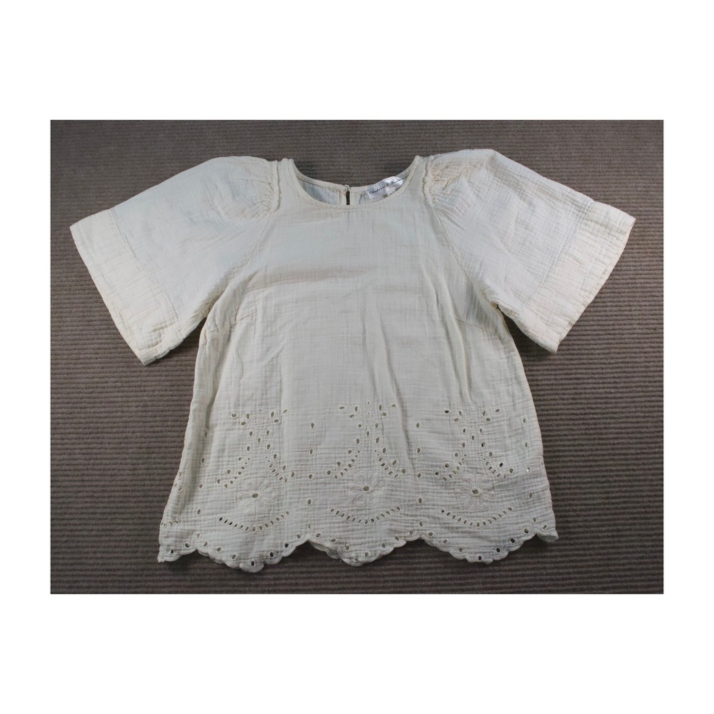 Chelsea & Theodore Cream Eyelet Floral Scalloped Hem Bell Sleeve Blouse XS